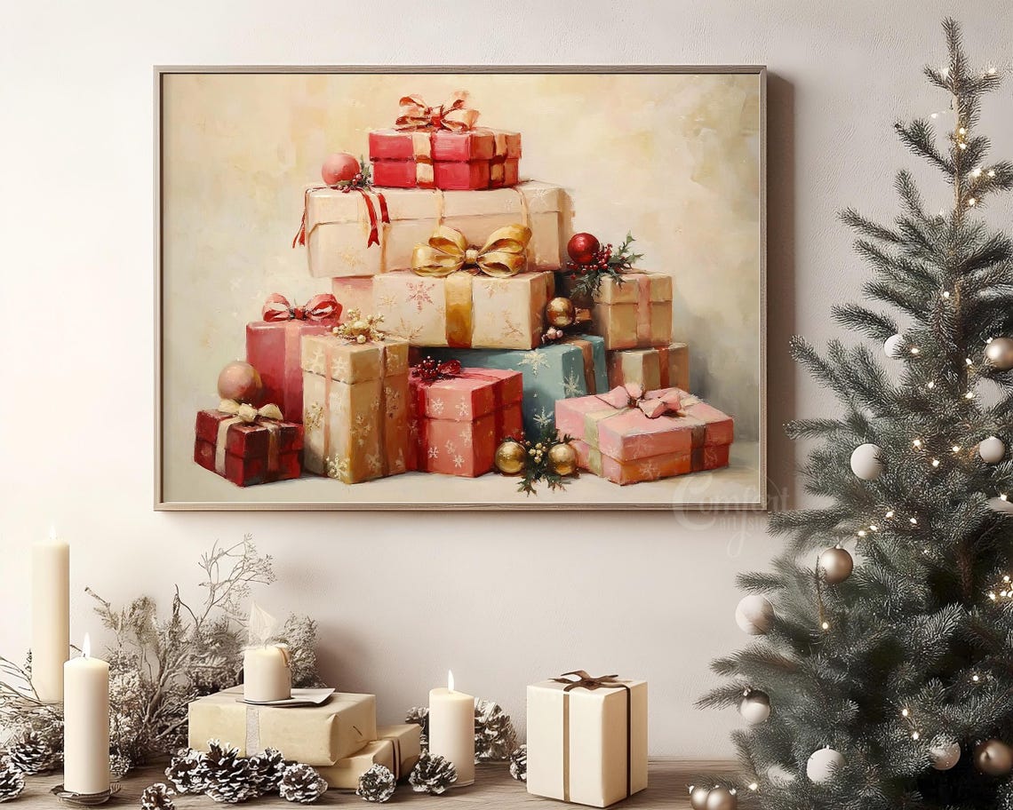 Elegant Pink and Gold Christmas Gift Stack with Bows Art Poster - Image 8
