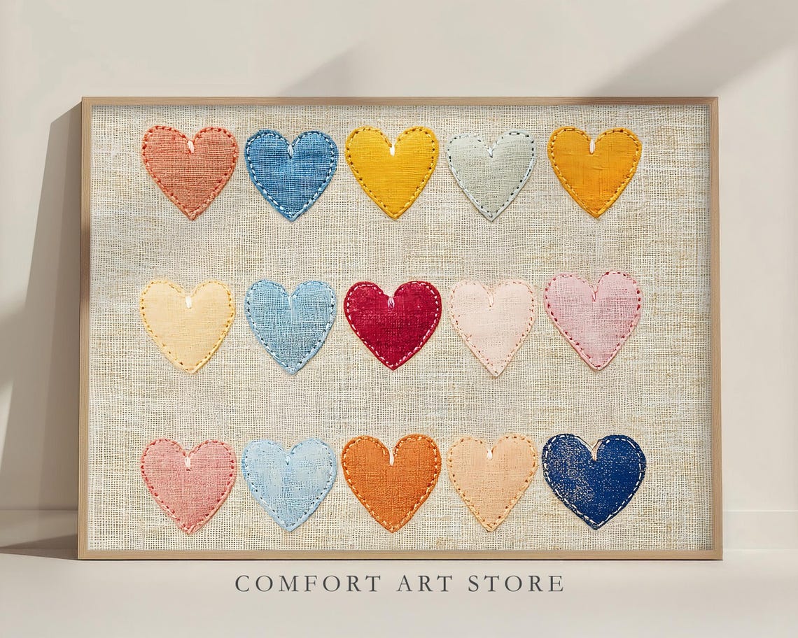 Valentines Embroidered Hearts Grid Linen Fabric Rustic Print Wall Art
