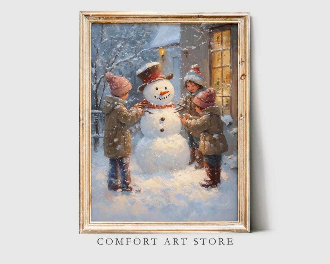 Vintage Christmas Wall Art Snowman Print Children Making Snowman Winter Holiday Decor Christmas Winter Oil Painting Antique Snowman Print