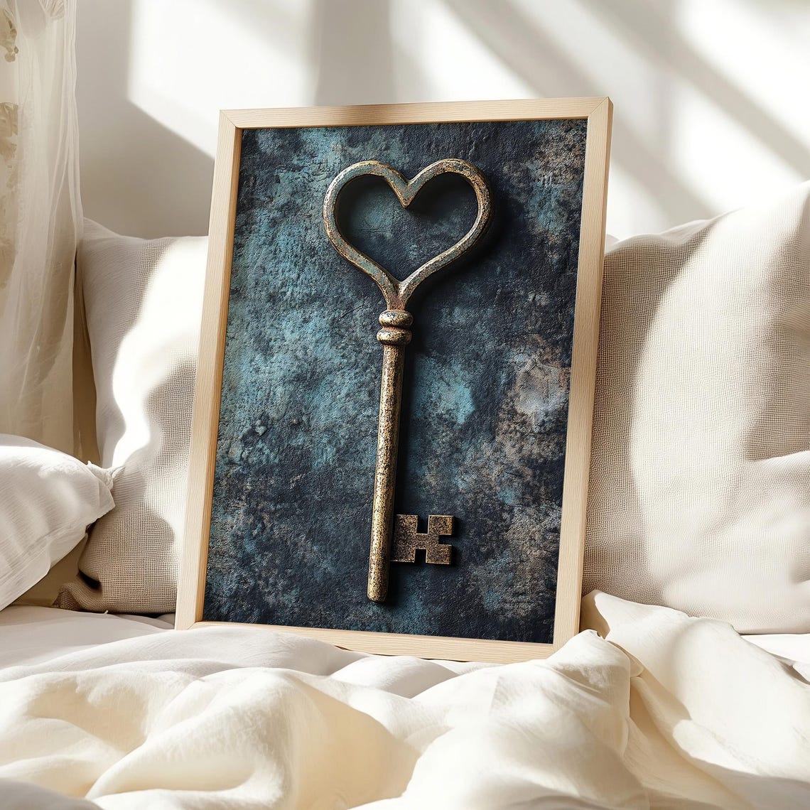 Brass Heart Key Skeleton Key Moody Dark Teal Romance Wall Art - Image 2