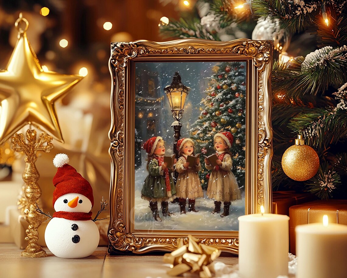 Children Caroling Street Lamp Christmas Tree Vintage Storybook Poster - Image 4