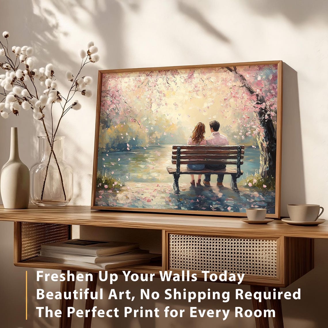 Romantic Couple Bench Cherry Blossom Sunset Lake Valentines Day Poster