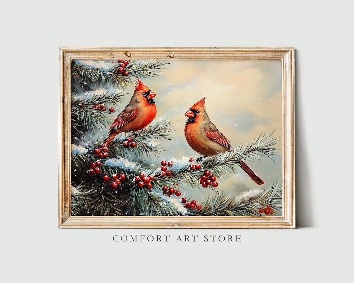 Pair of Red Cardinals on Snowy Pine Branch Winter Bird Wall Art