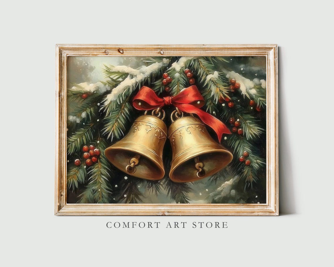 Vintage Christmas Wall Art Christmas Jingle Bells Print Winter Holiday Decor Antique Christmas Golden Bells Neutral Oil Painting Winter Pine