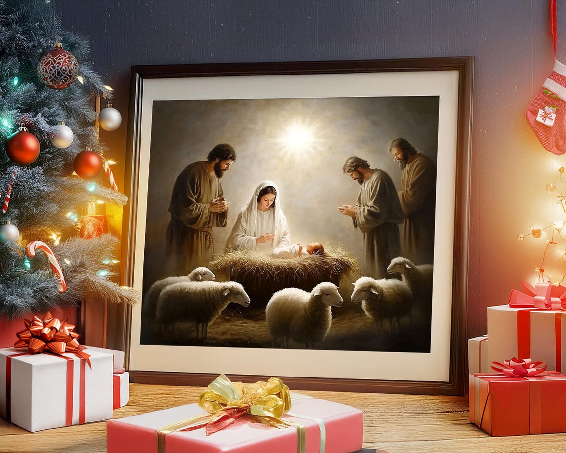 Holy Family Nativity Scene with Shepherds and Sheep Art Poster - Image 6