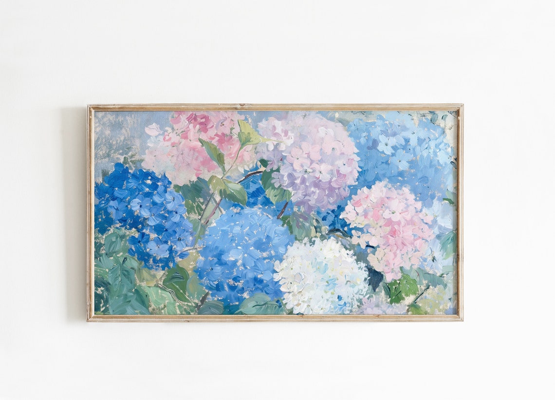 Hydrangeas Blue Pink White Floral Oil Painting Garden Bloom Wall Art