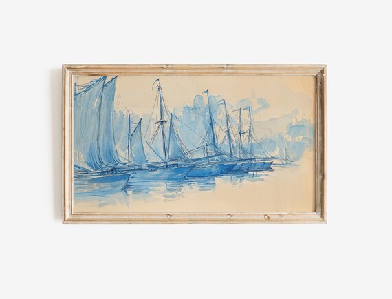 Blue Sailboats Coastal Watercolor Nautical Seascape Decor Poster