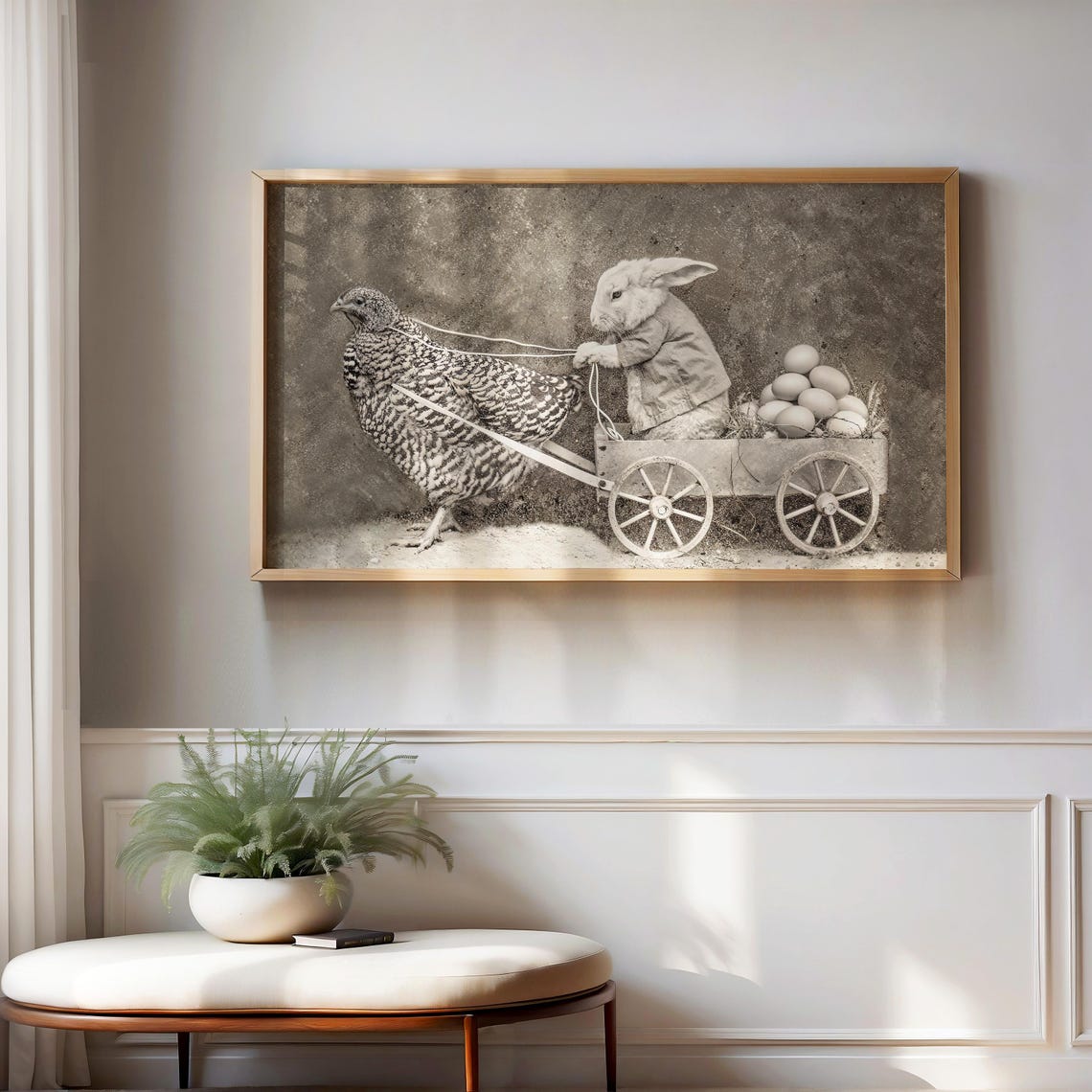 Rabbit Cart Pulled by Hen with Eggs Sepia Whimsical Vintage Wall Art - Image 2