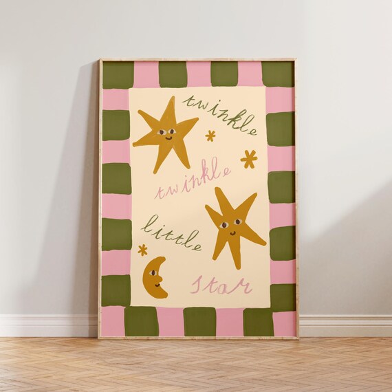 Twinkle Twinkle Little Star Checkered Pink Kids Nursery Wall Art