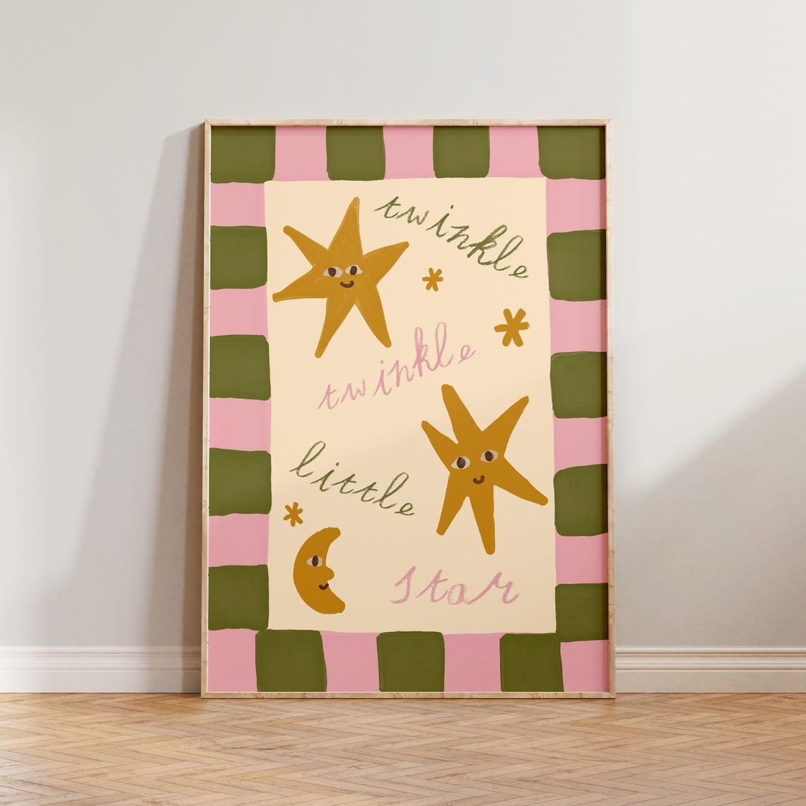 Twinkle Twinkle Little Star Checkered Pink Kids Nursery Wall Art