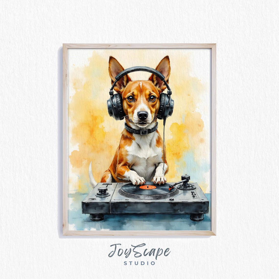Cute Dog DJ Headphones Turntable Watercolor Music Animal Poster