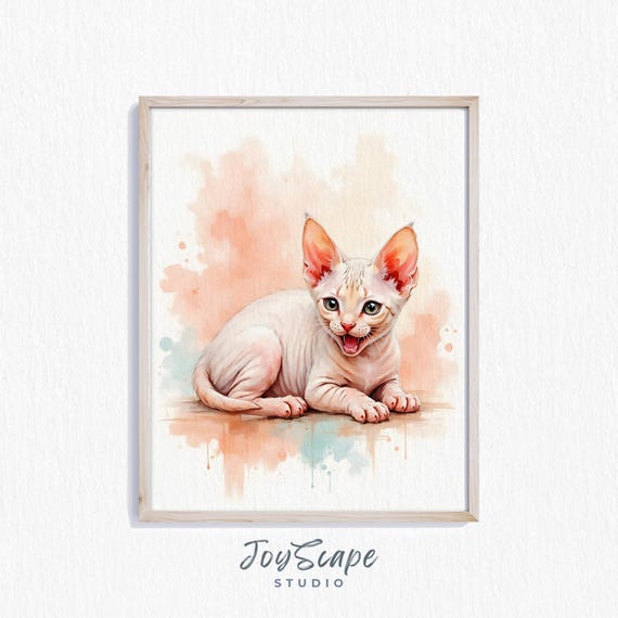 Sphynx Kitten Art Watercolor Cat Painting Cute Wall Decor Pet Portrait Animal Nursery Pastel Colors