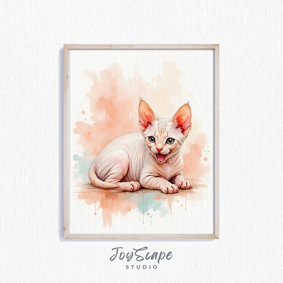 Sphynx Kitten Watercolor Portrait with Big Ears Cute Pet Poster