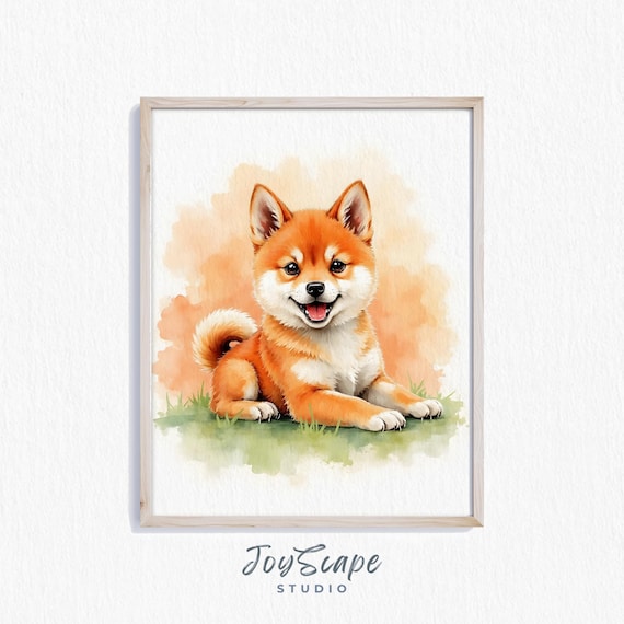 Smiling Shiba Inu Puppy Watercolor Portrait Nursery Wall Art