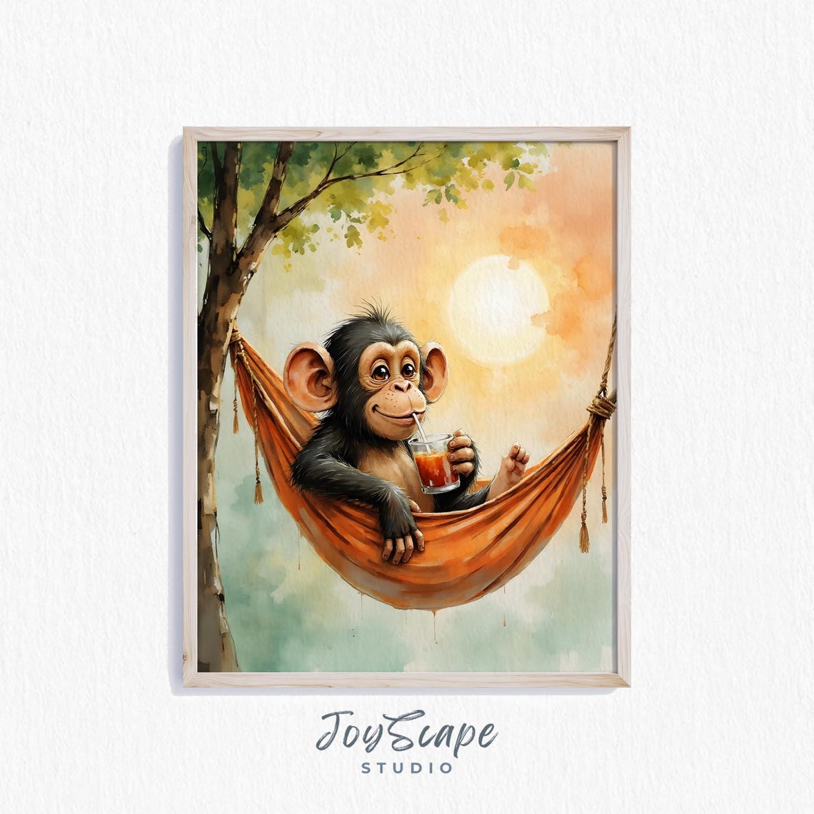 Funny Chimpanzee Relaxing in Hammock With Drink Watercolor Poster