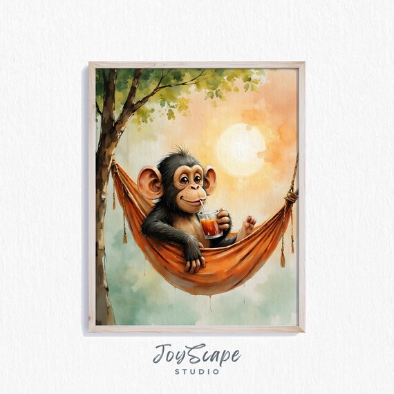 Funny Chimpanzee Relaxing in Hammock With Drink Watercolor Poster