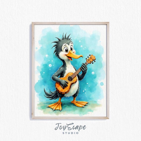 Funny Cormorant Playing Guitar Watercolor Print Wall Art For Kids Room Whimsical Animal Nursery Decor Instant 620