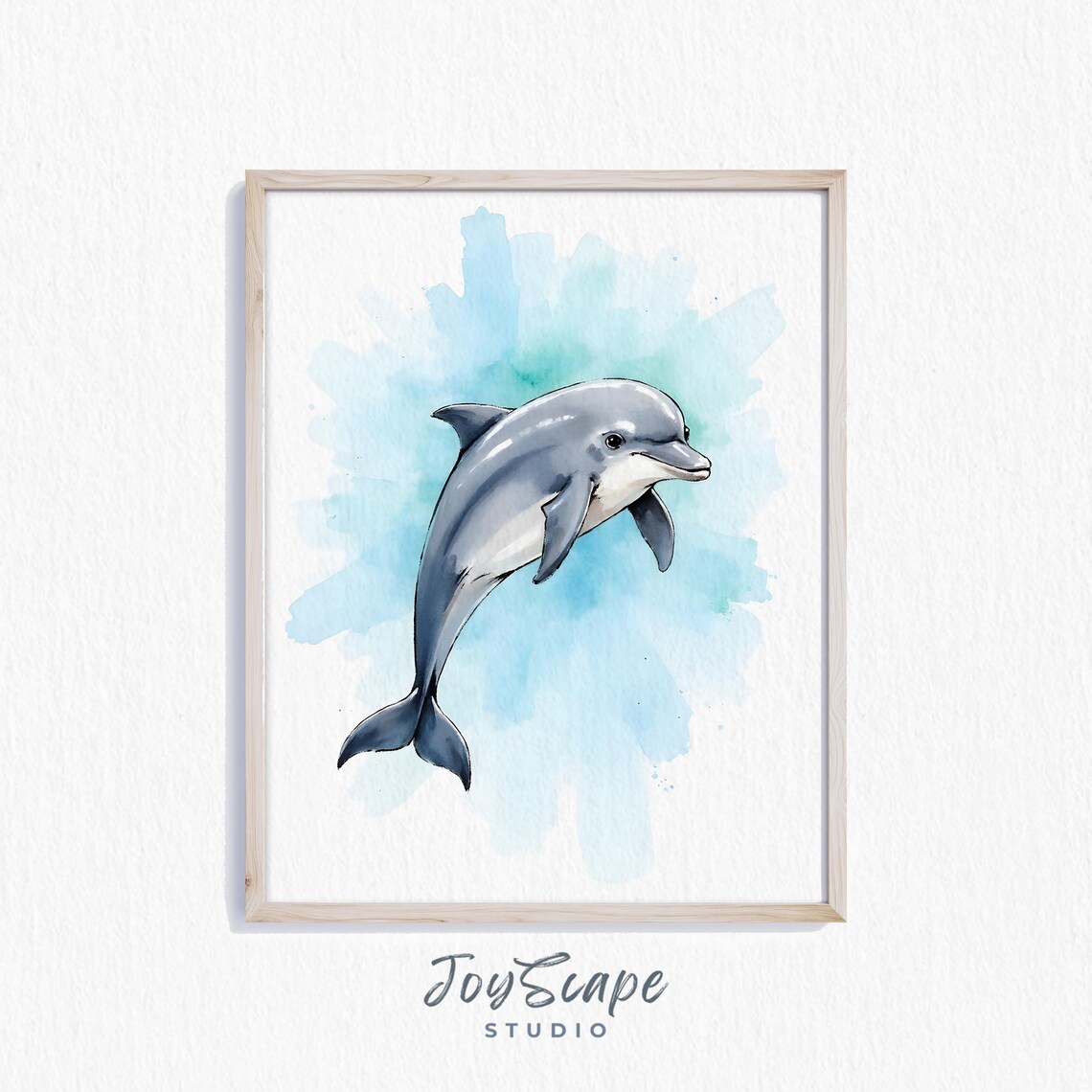 Leaping Gray Dolphin Watercolor Aqua Ocean Nursery Sea Wall Art