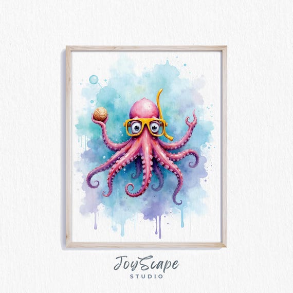 Funny Octopus Wall Art Watercolor In Goggles Quirky Ocean Decor Instant For Nursery Or Kids Room 558