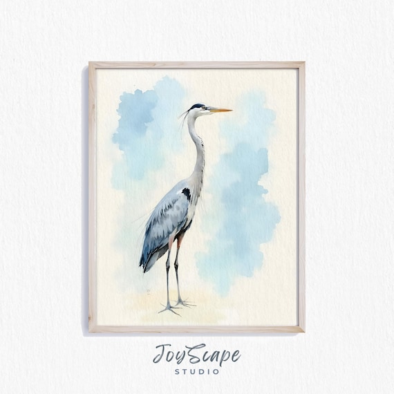 Elegant Tall Grey Heron Watercolor Coastal Bird Portrait Poster