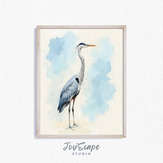 Heron Watercolor Elegant Bird Art Rustic Nature Decor Blue Painting Nursery Wall 260