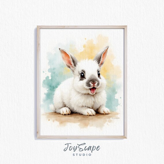 Dwarf Hotot Bunny Art Cute Watercolor Rabbit Wall Decor Nursery Animal Print Adorable Painting For Kids Room