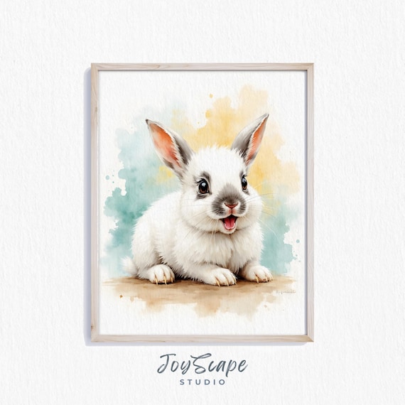 Smiling White Dwarf Hotot Bunny Watercolor Portrait Nursery Print