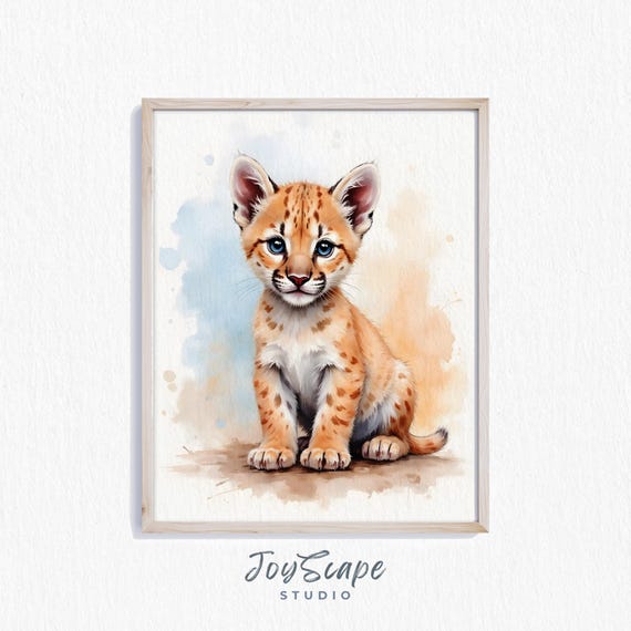 Baby Mountain Lion Cub Nursery Art Adorable Watercolor Wildlife Decor Animal Wall Cute Print 483