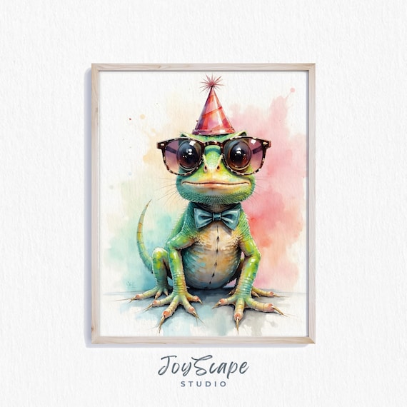 Party Chameleon Wearing Sunglasses Nursery Watercolor Poster