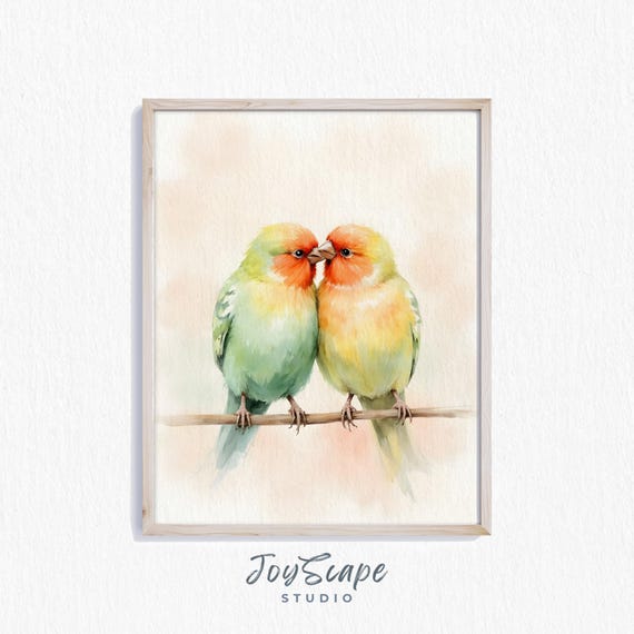 Lovebirds Art Romantic Watercolor Bird Pair Nursery Wall Decor Vintage Animal Painting Rustic Print 266