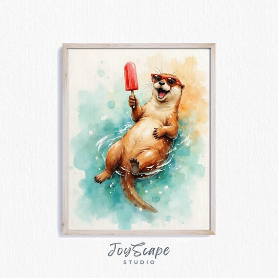 Funny Otter With Popsicle Watercolor Print Cute Animal Wall Art Kids Room Decor Whimsical Nursery Instant 562