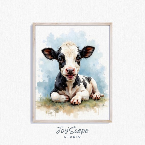 Smiling Holstein Calf Watercolor Portrait Farm Animal Nursery Poster