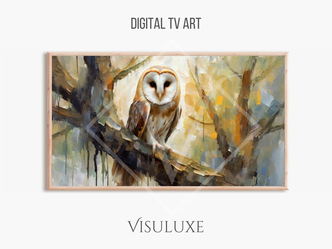 Barn Owl Perched on Branch Heavy Brushstroke Oil Painting Style Poster