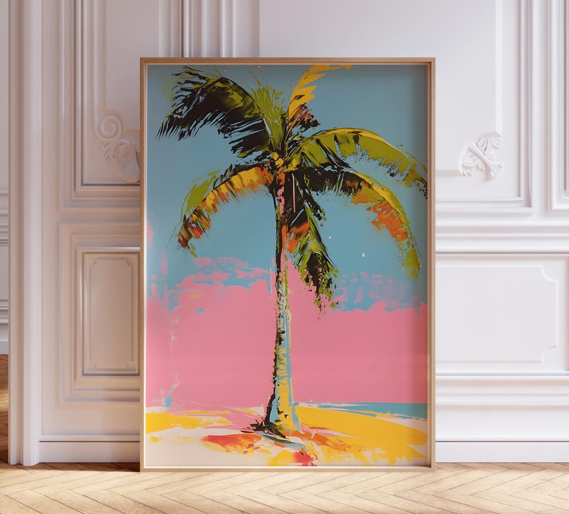 Colorful Palm Tree Pink Blue Sunset Tropical Painterly Art Poster