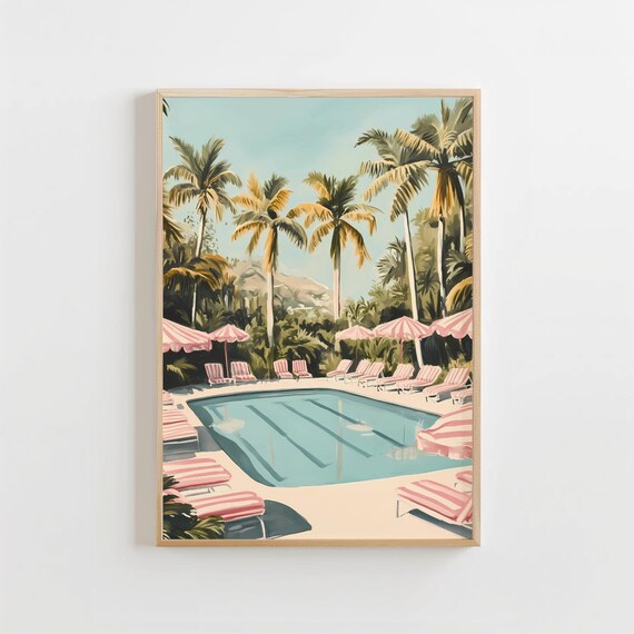 Retro Swimming Pool Pastel Pink Summer Umbrella Mid Century Scene Poster