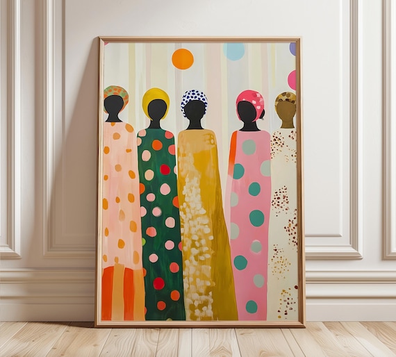 Joyful African Women Colorful Patterned Dresses Abstract Art Print
