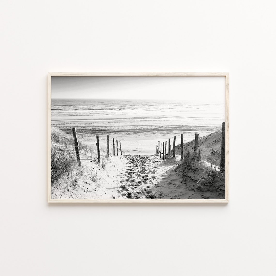 Black And White Beach Dunes Fenced Path Ocean Waves Photo Poster