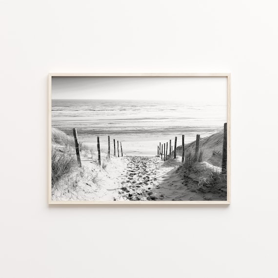 Black And White Beach Dunes Fenced Path Ocean Waves Photo Poster