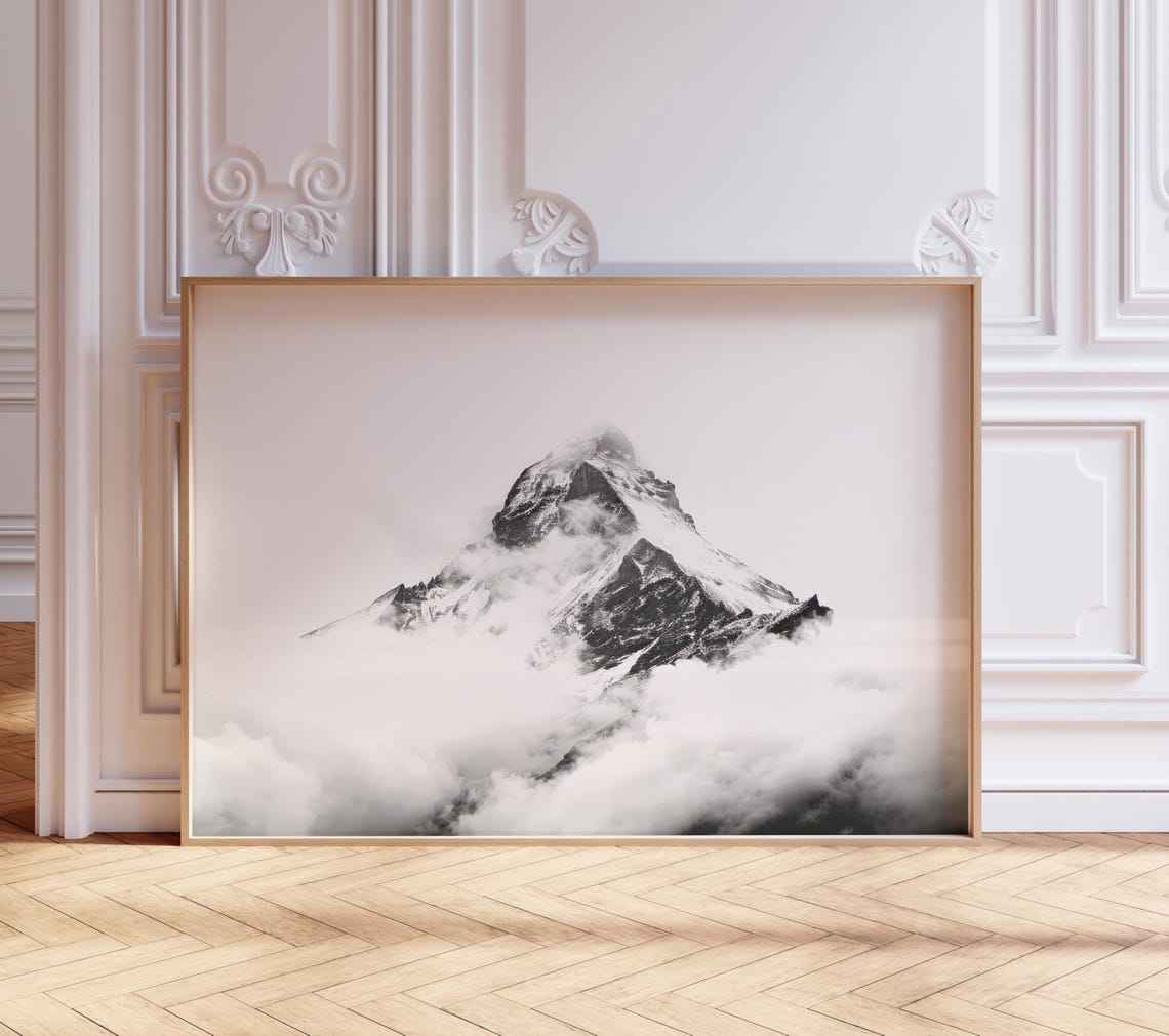 Snowy Alpine Peak Above Clouds Monochrome Minimalist Photo Poster
