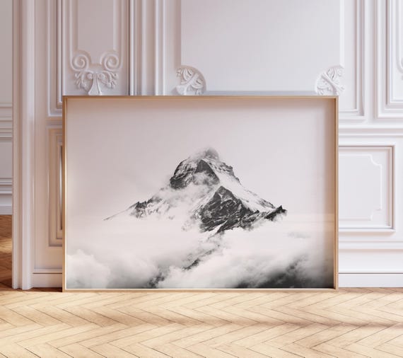 Mountain Peak Photography Print Cloudy Top Poster Modern Minimlist Nature Wall Art