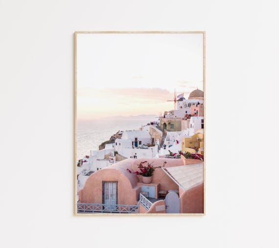 Santorini Travel Poster, Neutral Boho Greek Decor