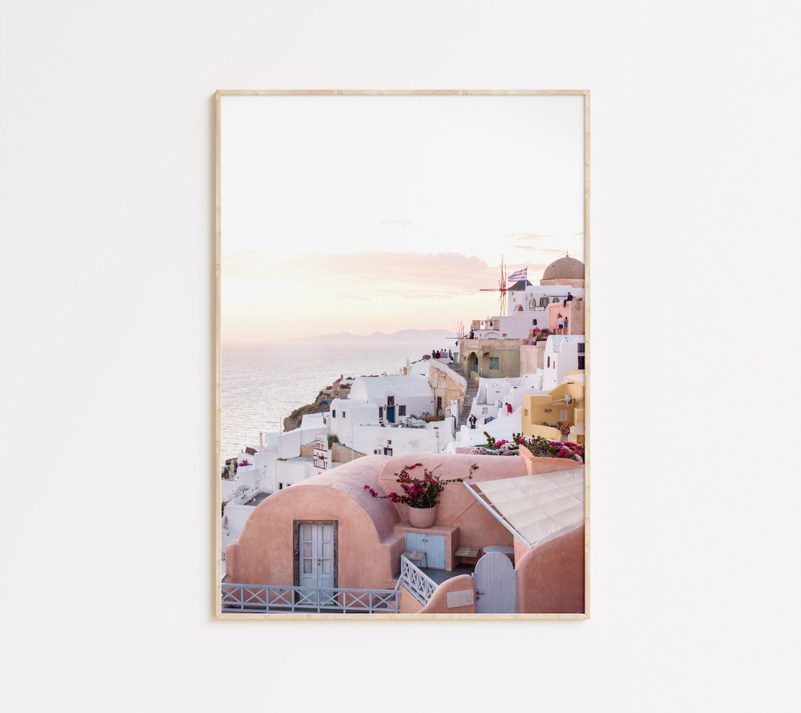 Santorini Travel Poster, Neutral Boho Greek Decor