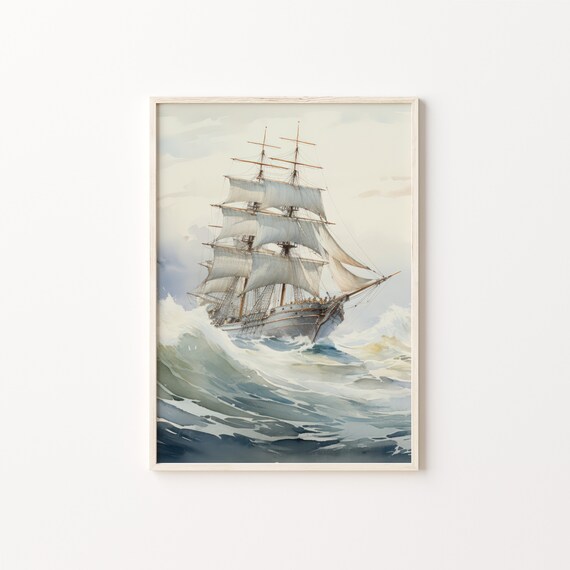 Vintage Tall Ship Watercolor Sailing Through Ocean Waves Nautical Poster