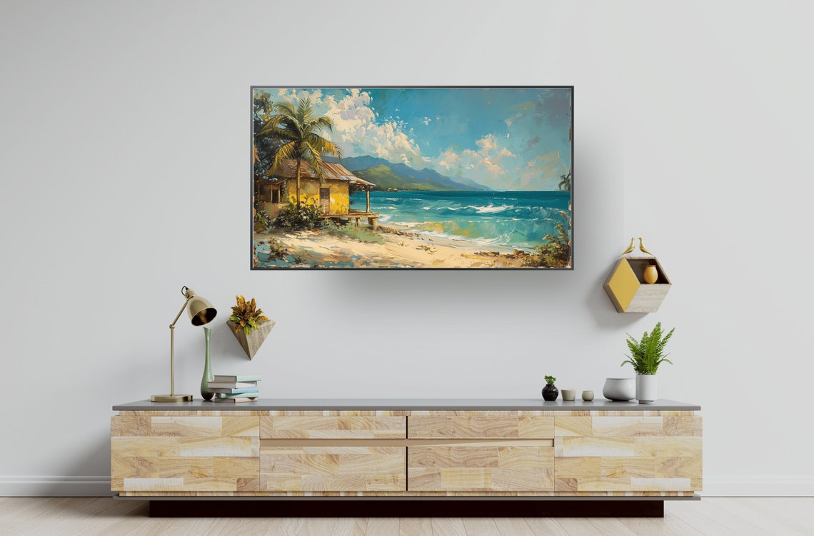 Sunny Tropical Palm Beach Ocean Painting Print with Sailboat - Image 3
