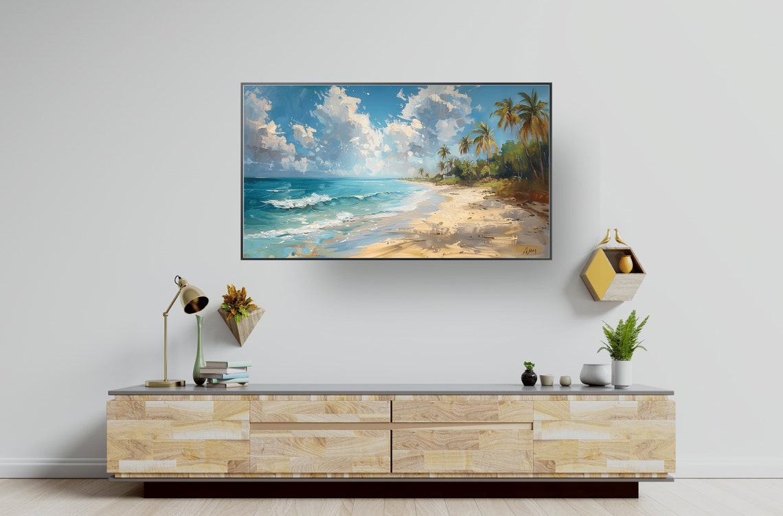 Bright Tropical Beach Panorama Painting Print with Blue Ocean - Image 3