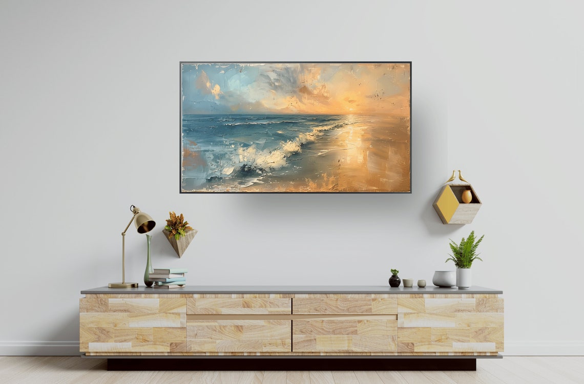 Ocean Sunset Waves Golden Impressionist Coastal Beach Wall Art - Image 3