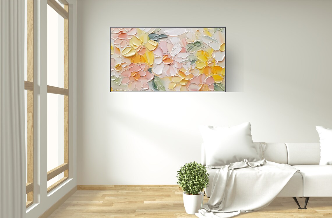 Pastel Floral Impasto Painting Print with Pink and Yellow Blooms - Image 2
