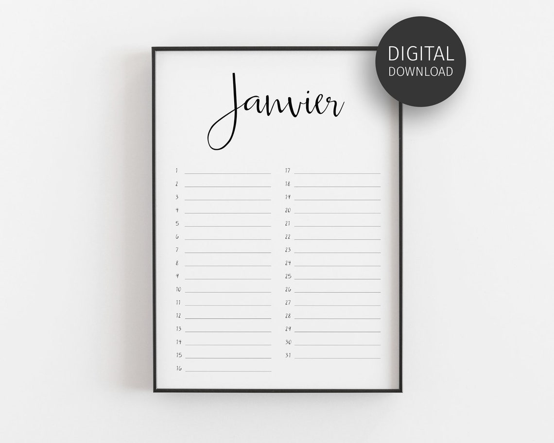 Janvier French Birthday Tracker Calendar Minimalist Quote Poster