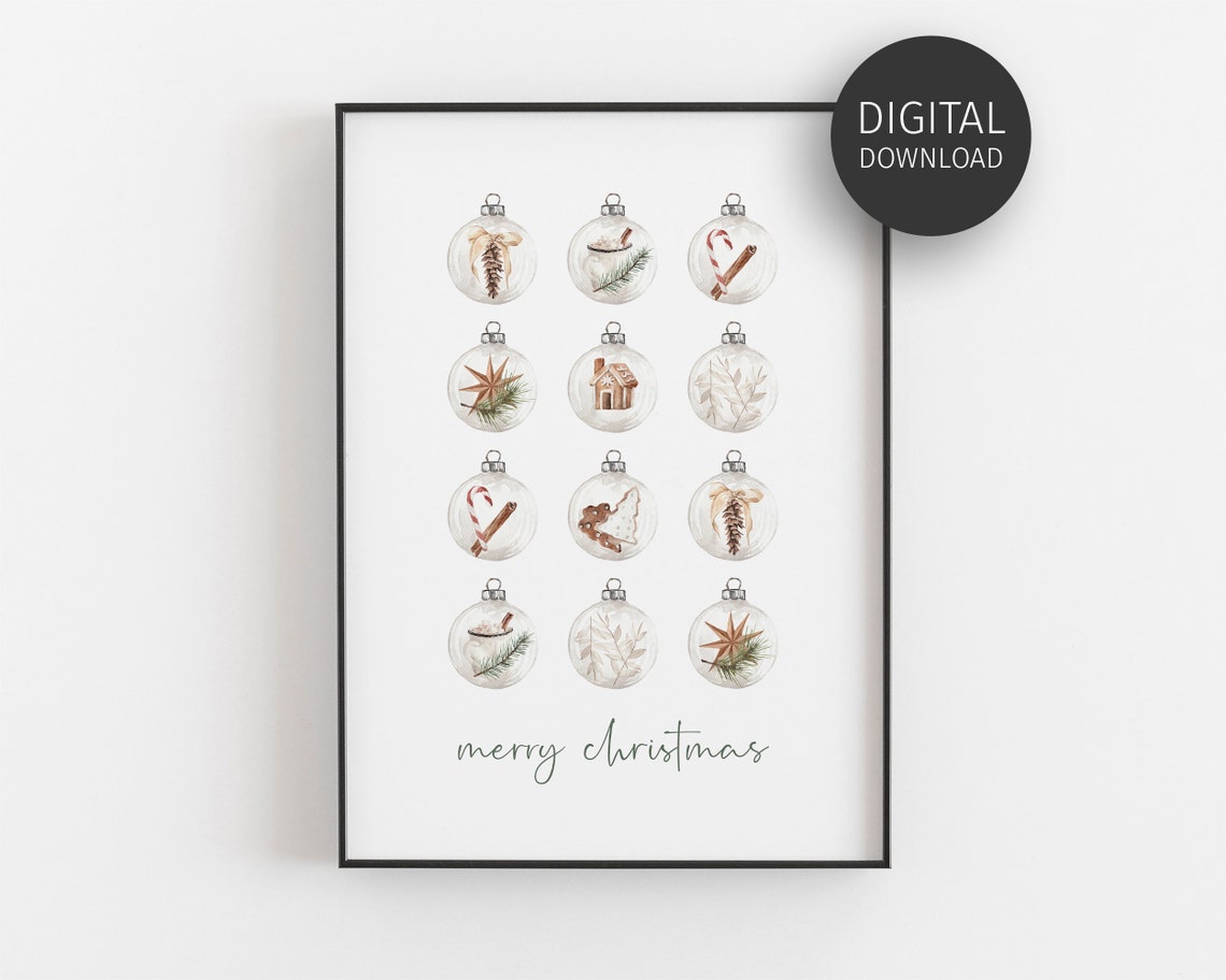 Merry Christmas Watercolor Ornament Grid Botanical Holiday Wall Art