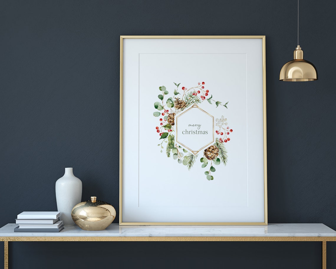 Merry Christmas Watercolor Wreath Pinecone Berry Holiday Poster - Image 3